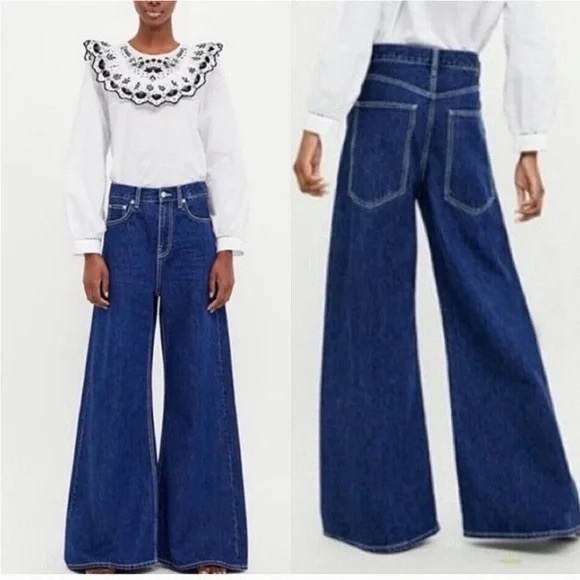 Zara Super Wide Leg Blue Jeans Medium Wash High Rise Ankle Length Denim - Picture 7 of 12